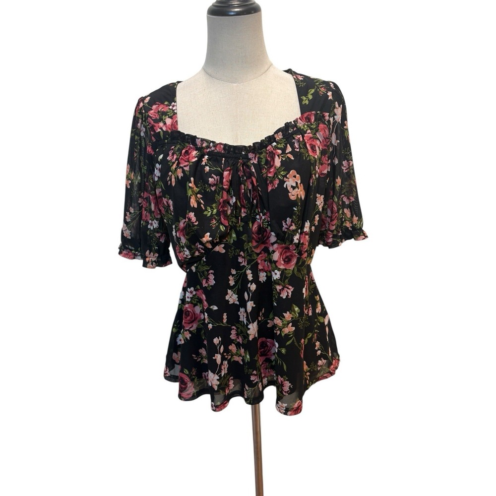 Romantic Women's Top Sz L Black Floral Sheer Mesh Milkmaid‎ Cottagecore Coquette